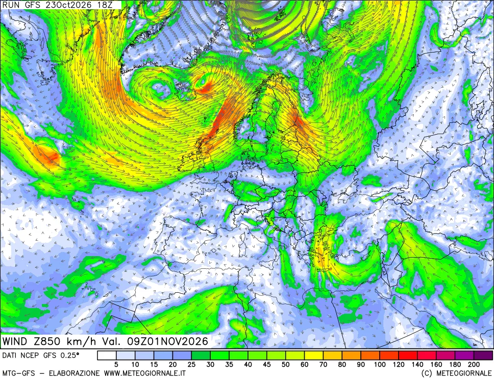 mappa 850 hPa Vento forza e direzione