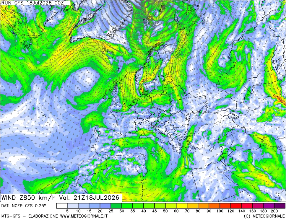 mappa 850 hPa Vento forza e direzione