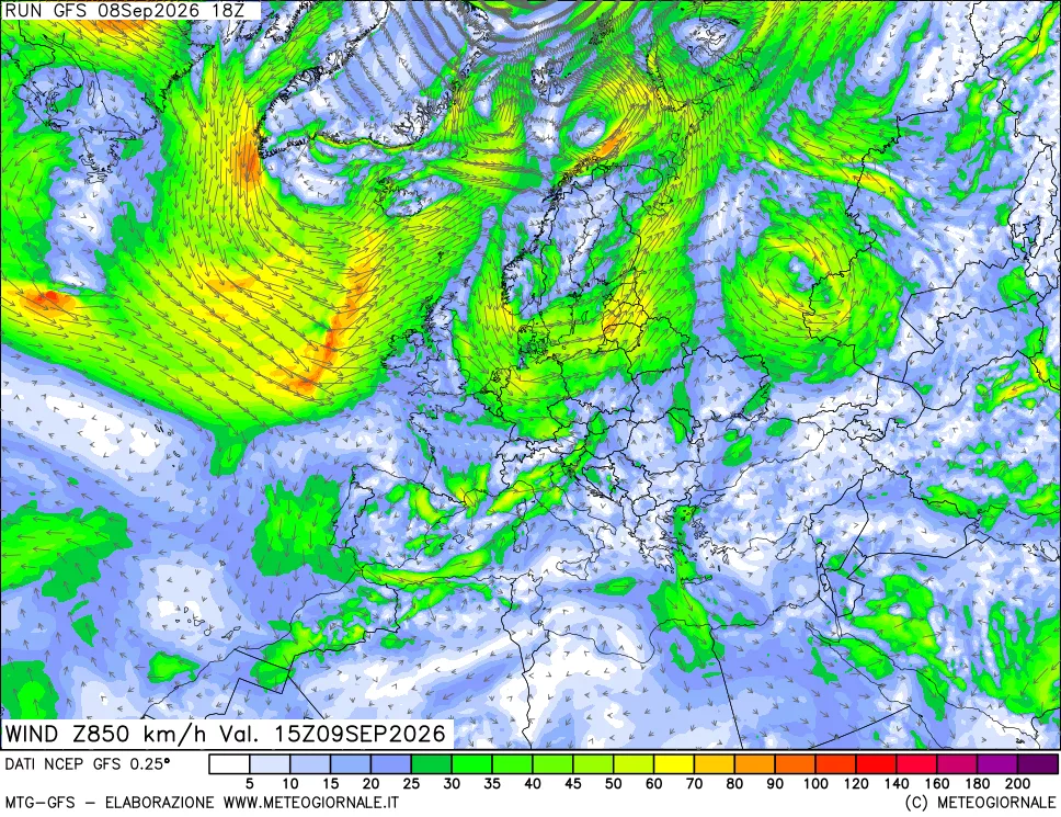 mappa 850 hPa Vento forza e direzione