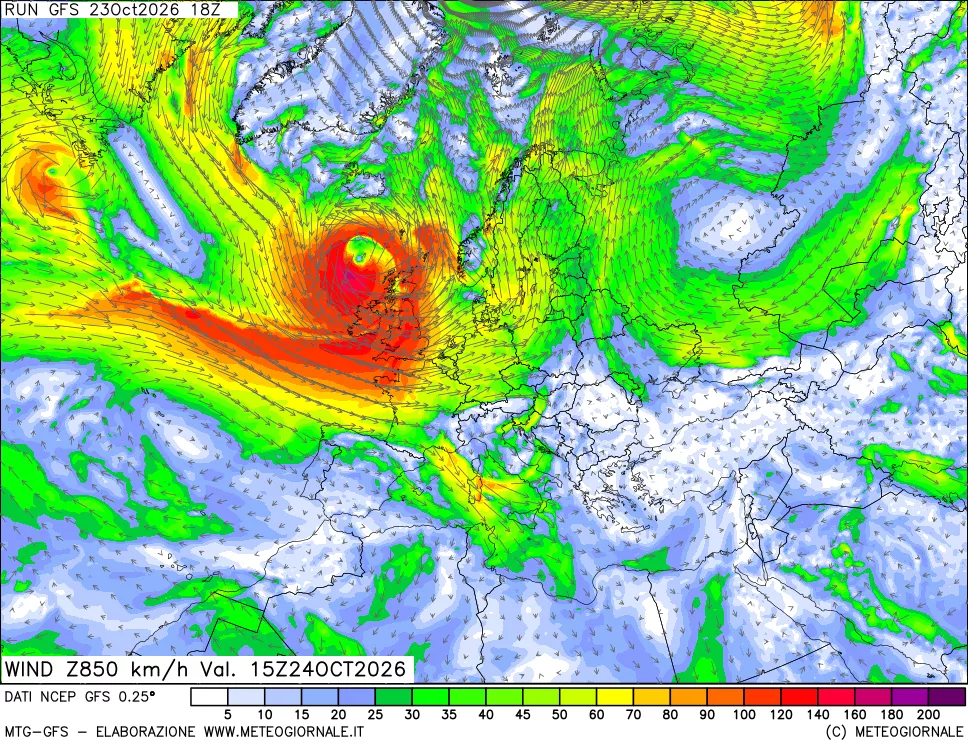 mappa 850 hPa Vento forza e direzione