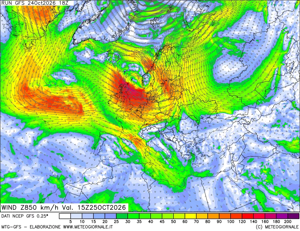 mappa 850 hPa Vento forza e direzione