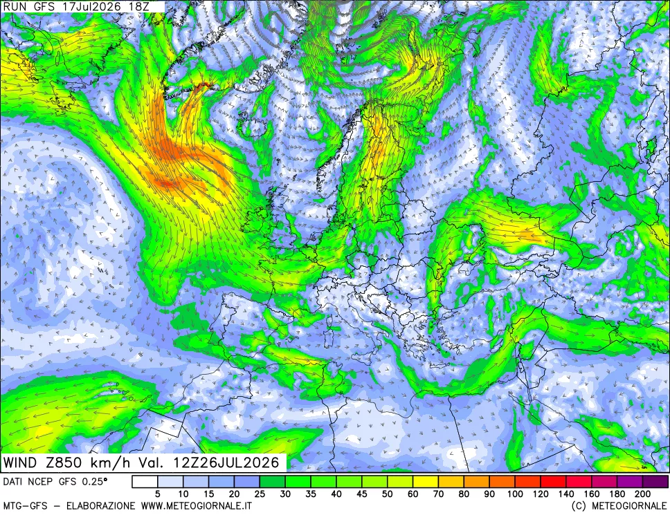mappa 850 hPa Vento forza e direzione