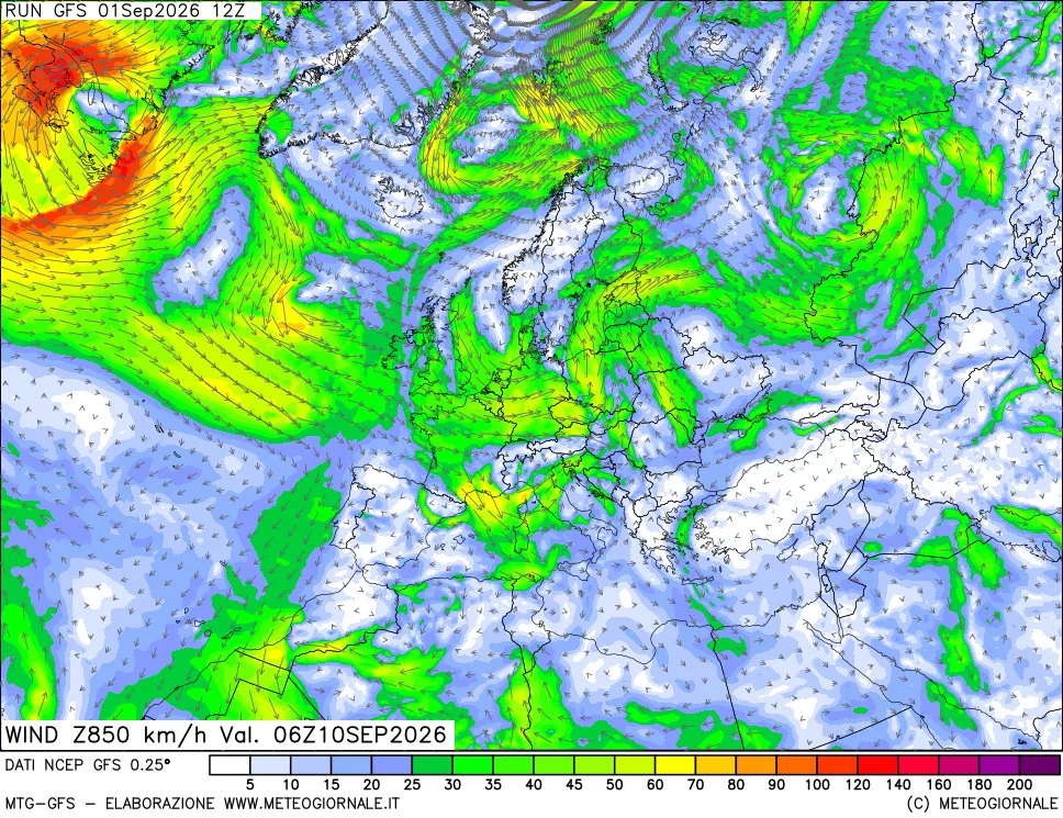 mappa 850 hPa Vento forza e direzione