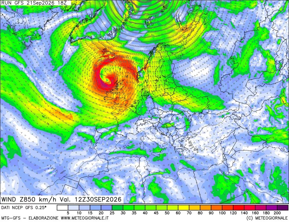 mappa 850 hPa Vento forza e direzione