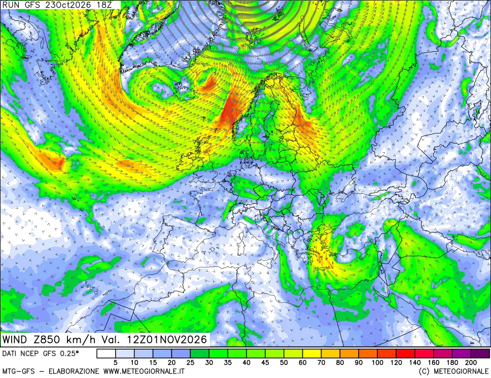mappa 850 hPa Vento forza e direzione