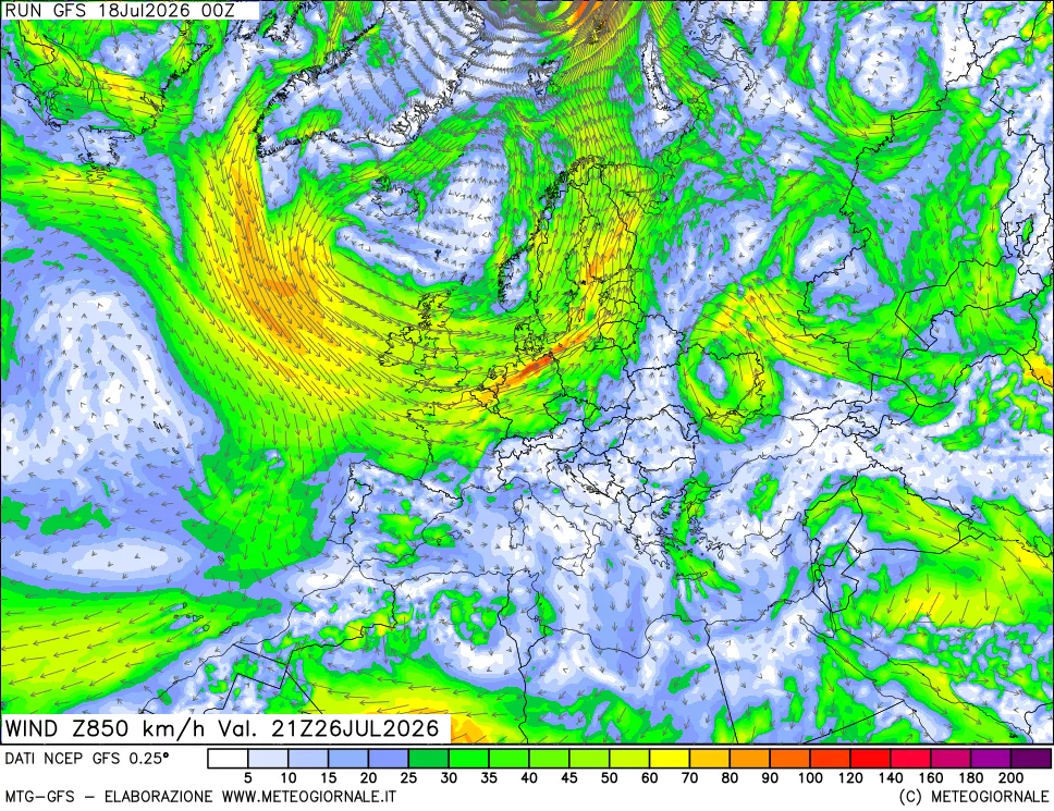 mappa 850 hPa Vento forza e direzione