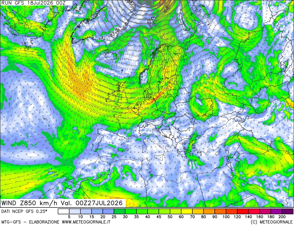 mappa 850 hPa Vento forza e direzione
