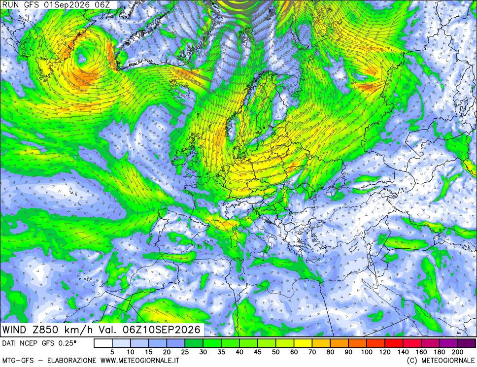 mappa 850 hPa Vento forza e direzione