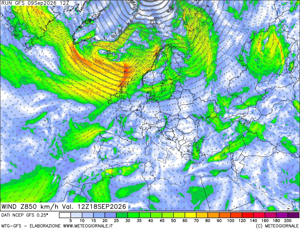 mappa 850 hPa Vento forza e direzione