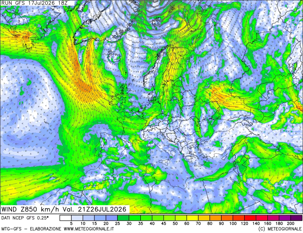 mappa 850 hPa Vento forza e direzione