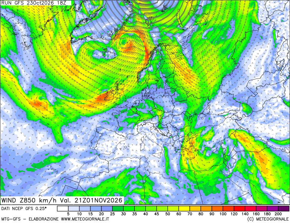 mappa 850 hPa Vento forza e direzione