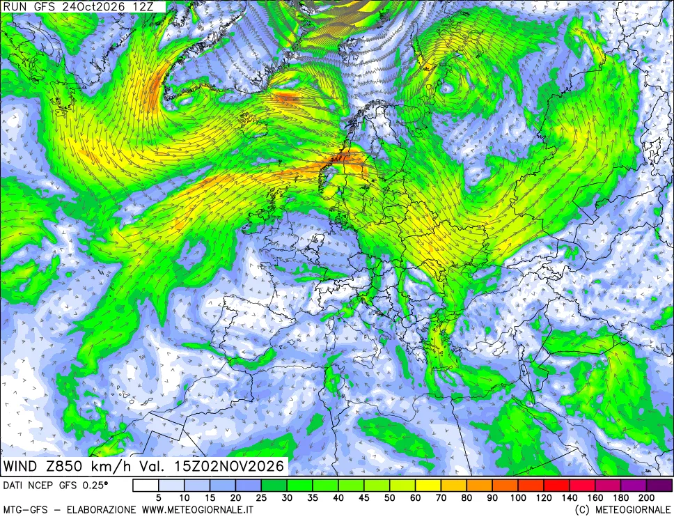 mappa 850 hPa Vento forza e direzione