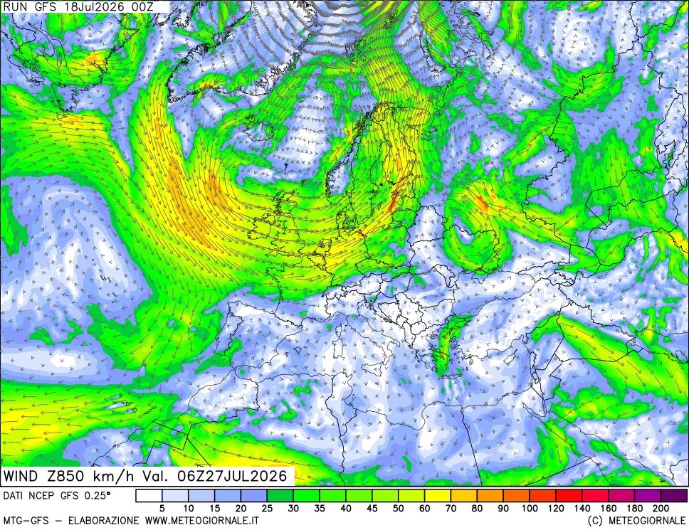 mappa 850 hPa Vento forza e direzione