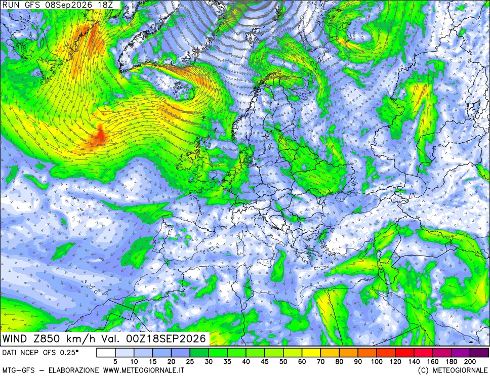 mappa 850 hPa Vento forza e direzione
