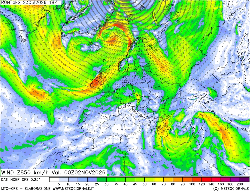 mappa 850 hPa Vento forza e direzione