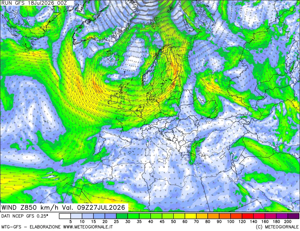 mappa 850 hPa Vento forza e direzione