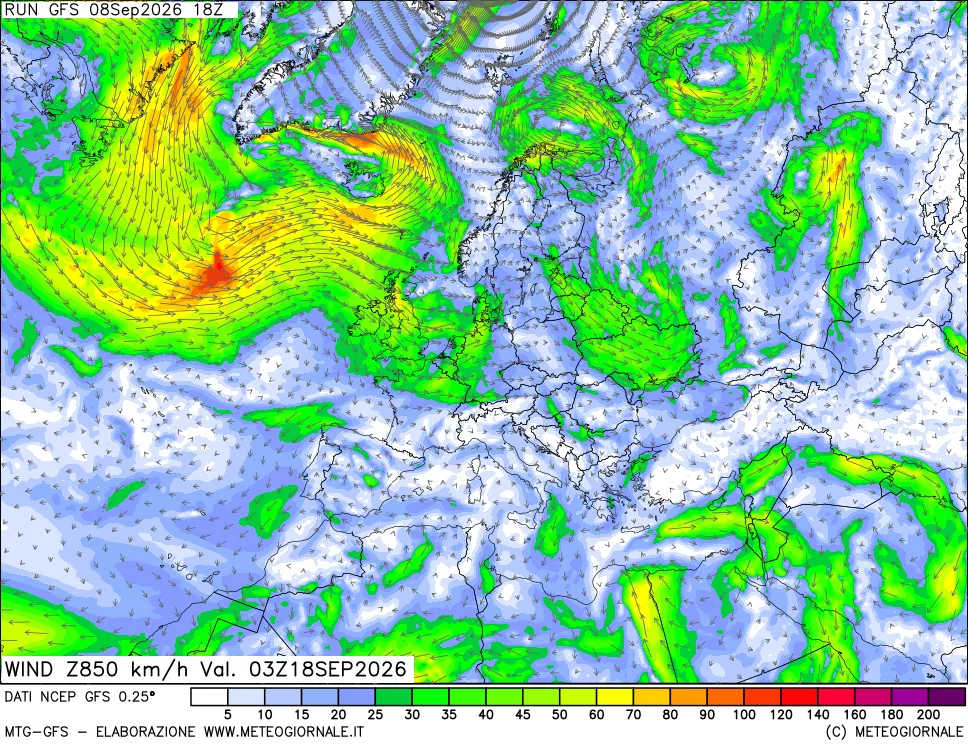 mappa 850 hPa Vento forza e direzione