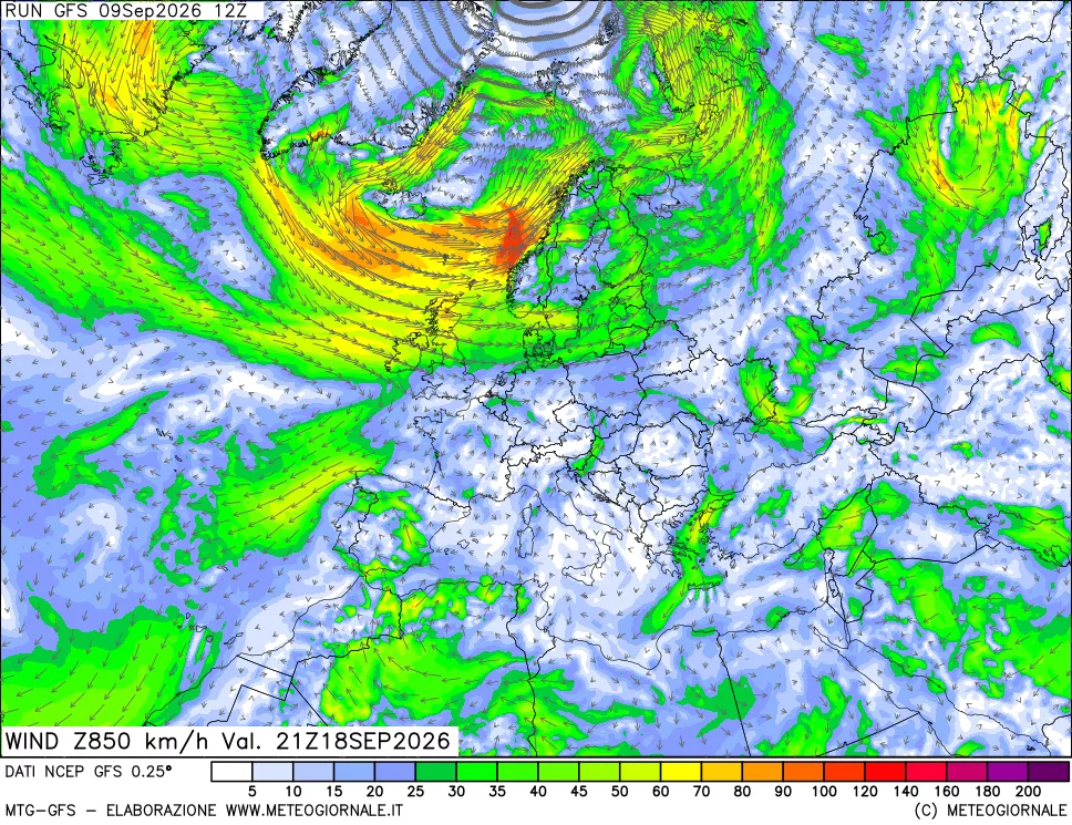mappa 850 hPa Vento forza e direzione