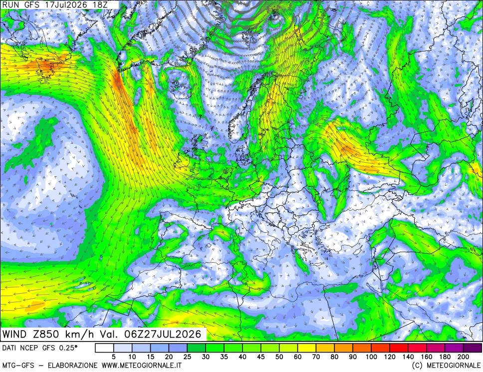 mappa 850 hPa Vento forza e direzione