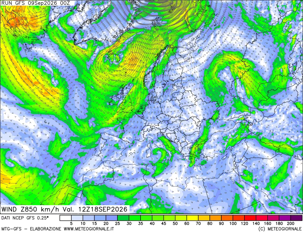mappa 850 hPa Vento forza e direzione