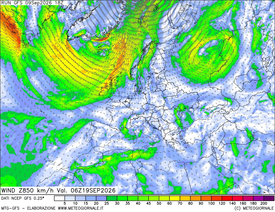 mappa 850 hPa Vento forza e direzione