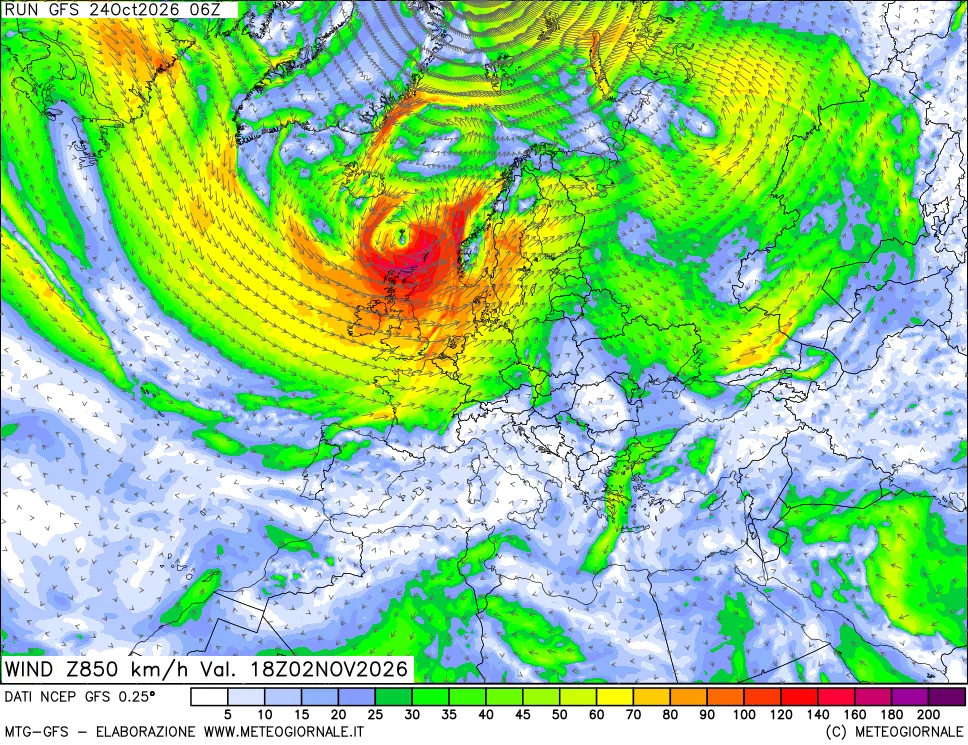 mappa 850 hPa Vento forza e direzione