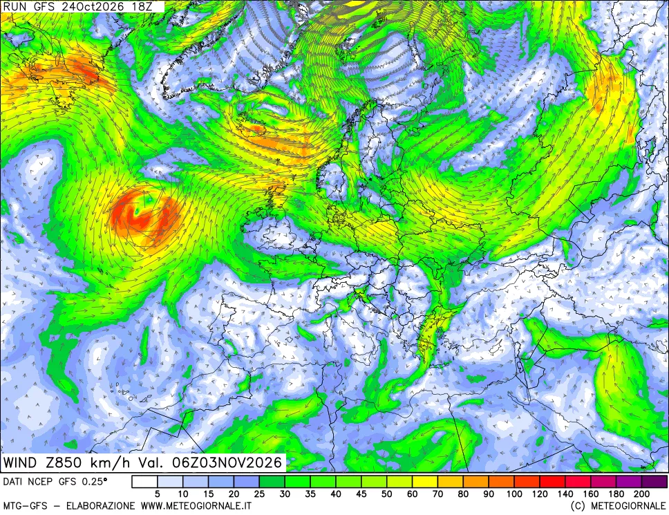 mappa 850 hPa Vento forza e direzione