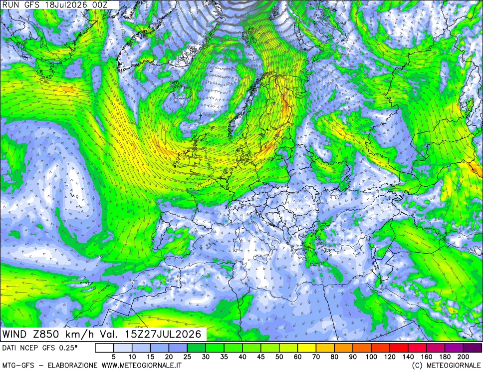 mappa 850 hPa Vento forza e direzione