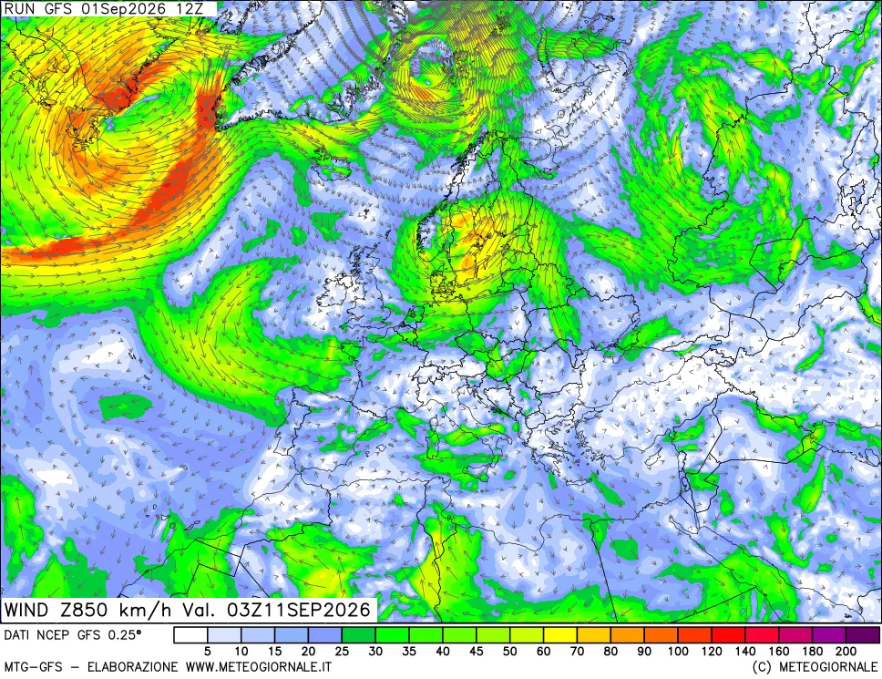 mappa 850 hPa Vento forza e direzione