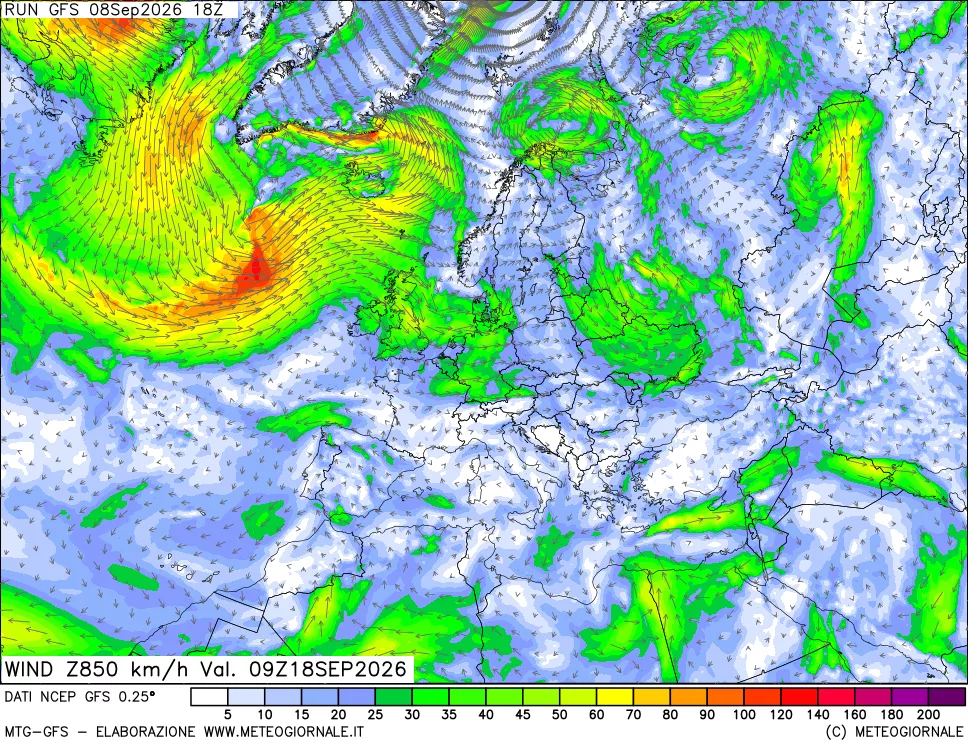 mappa 850 hPa Vento forza e direzione