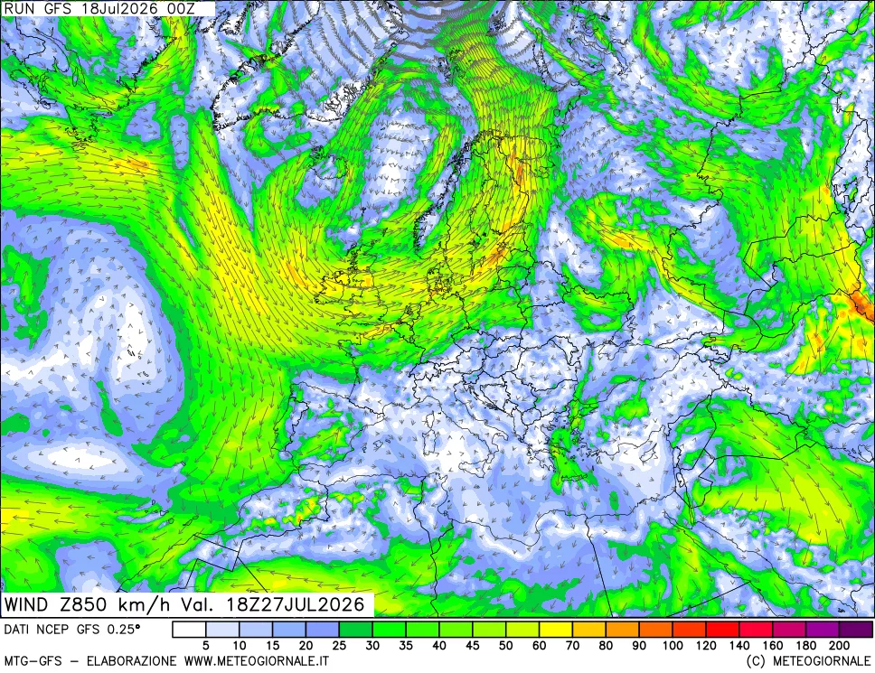 mappa 850 hPa Vento forza e direzione