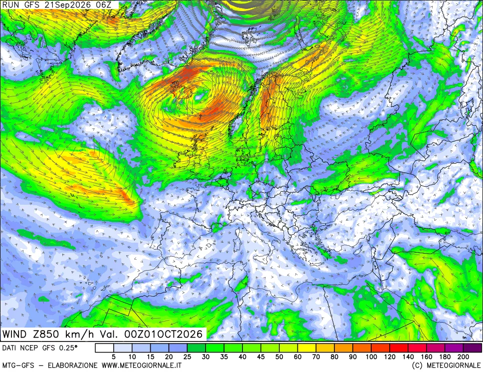 mappa 850 hPa Vento forza e direzione
