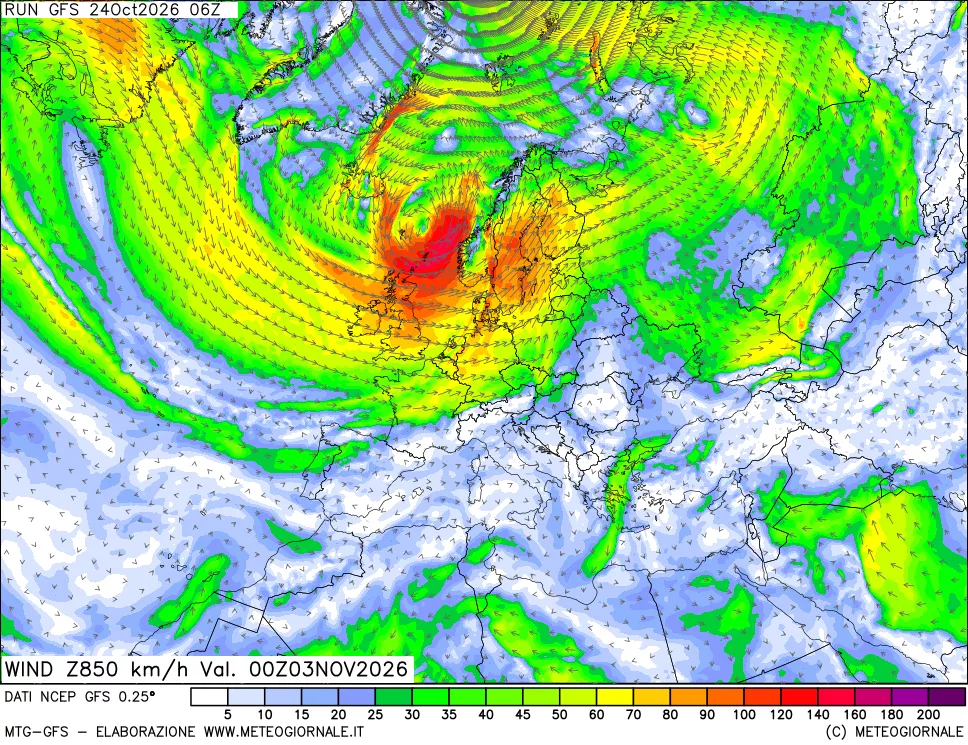 mappa 850 hPa Vento forza e direzione