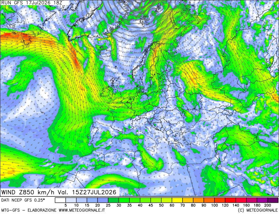 mappa 850 hPa Vento forza e direzione
