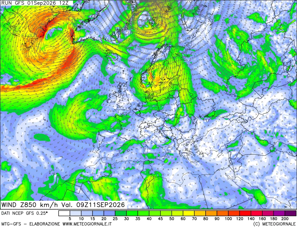 mappa 850 hPa Vento forza e direzione