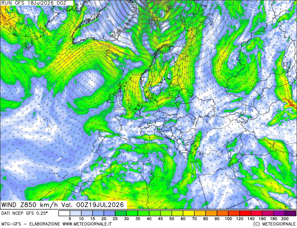 mappa 850 hPa Vento forza e direzione