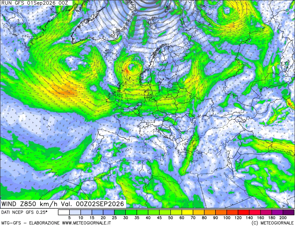 mappa 850 hPa Vento forza e direzione