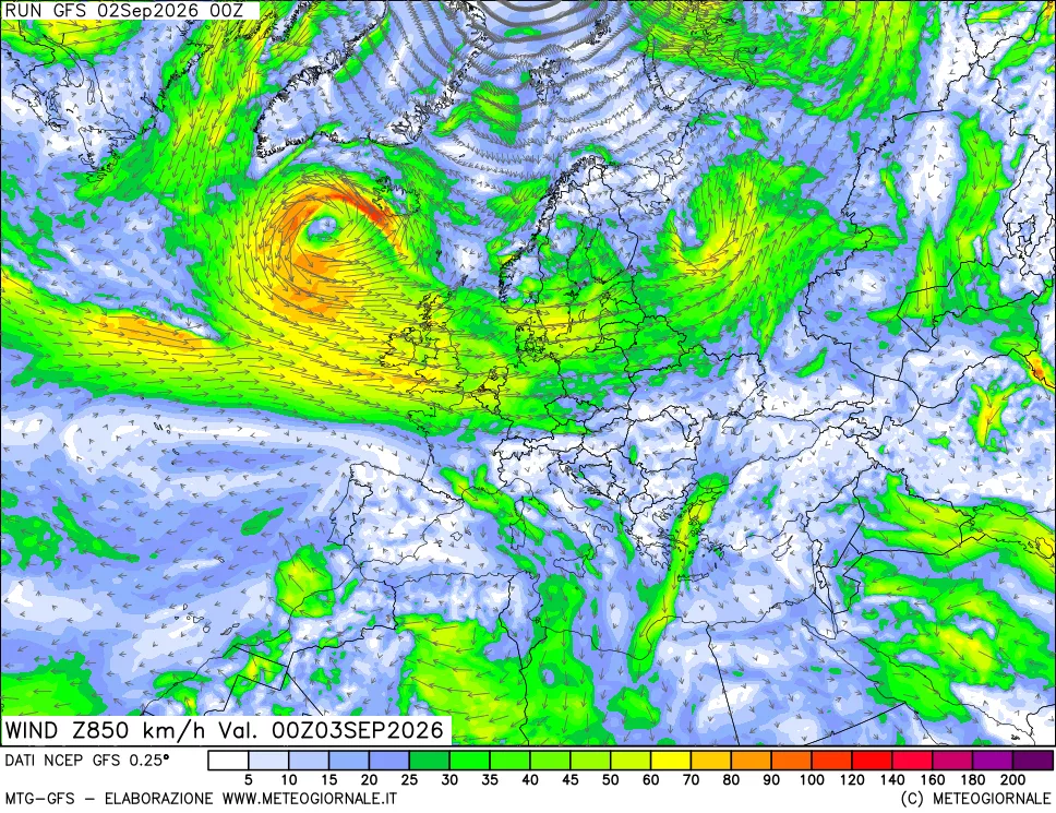 mappa 850 hPa Vento forza e direzione
