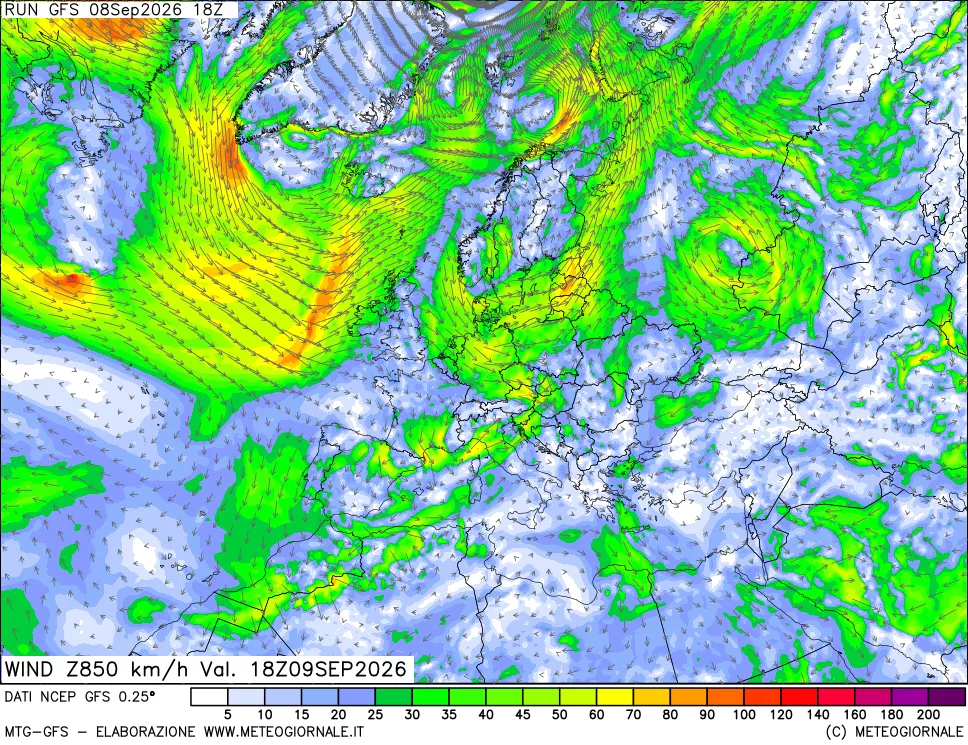 mappa 850 hPa Vento forza e direzione
