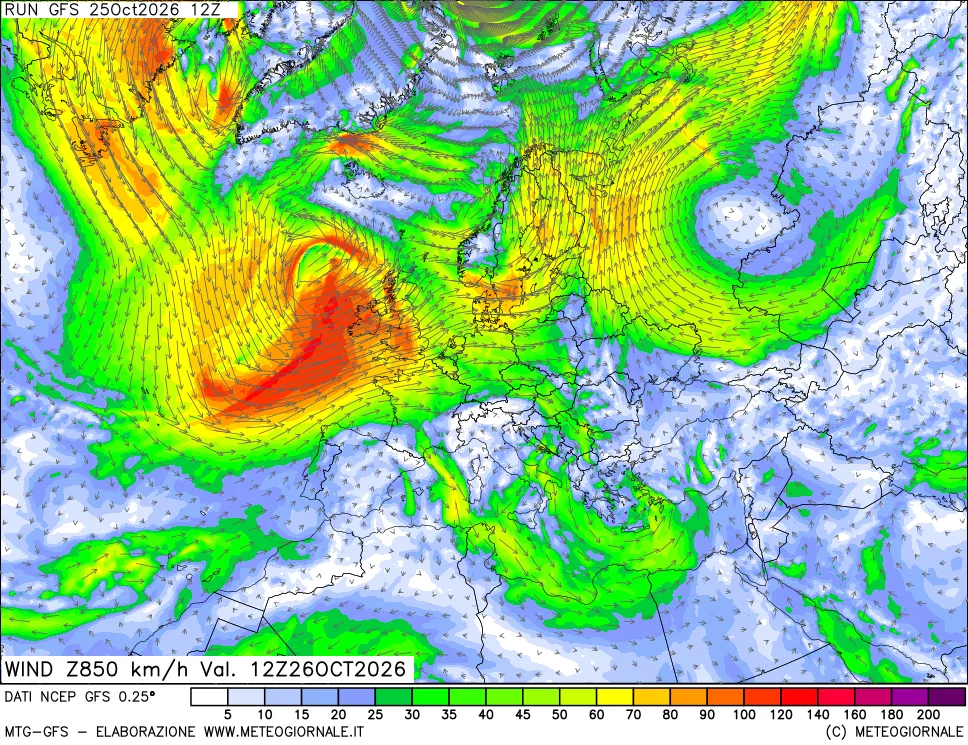 mappa 850 hPa Vento forza e direzione