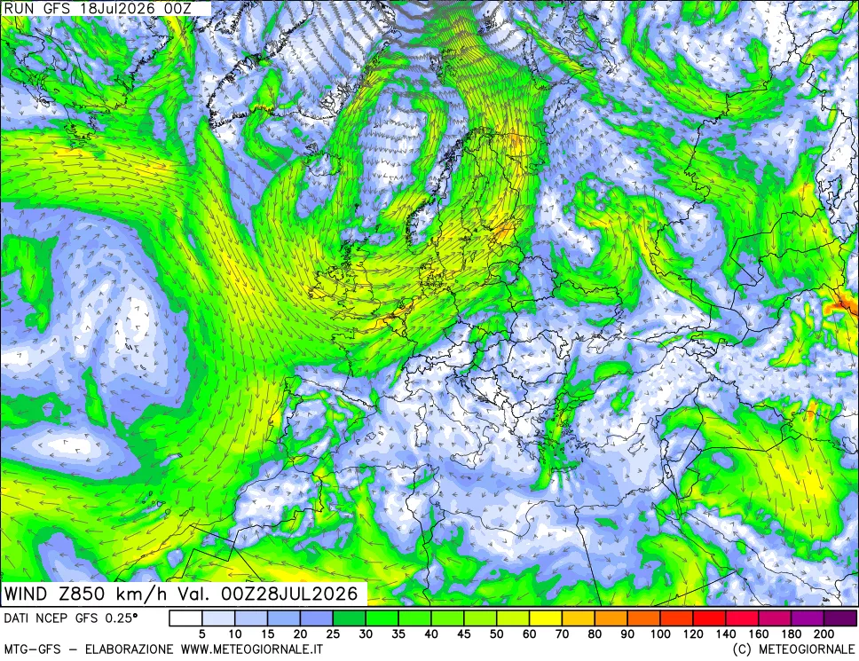 mappa 850 hPa Vento forza e direzione
