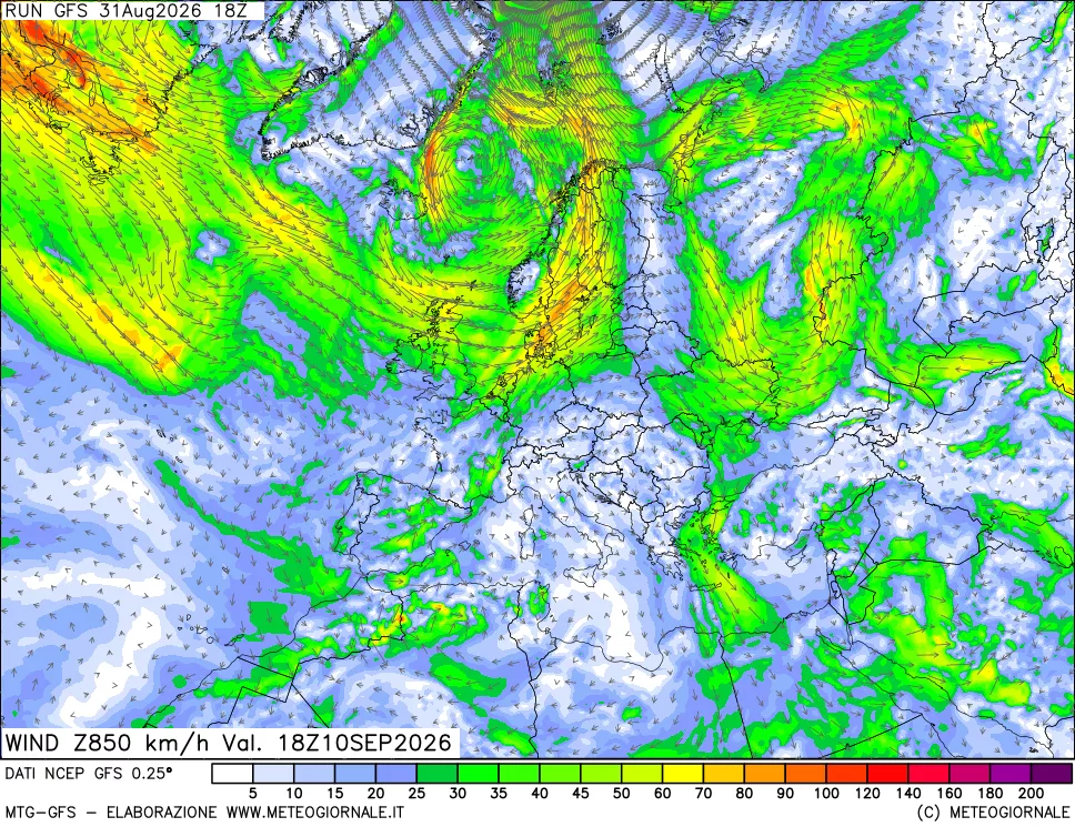 mappa 850 hPa Vento forza e direzione