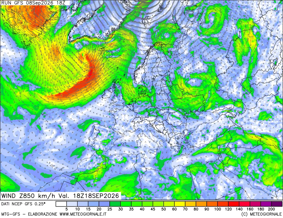 mappa 850 hPa Vento forza e direzione