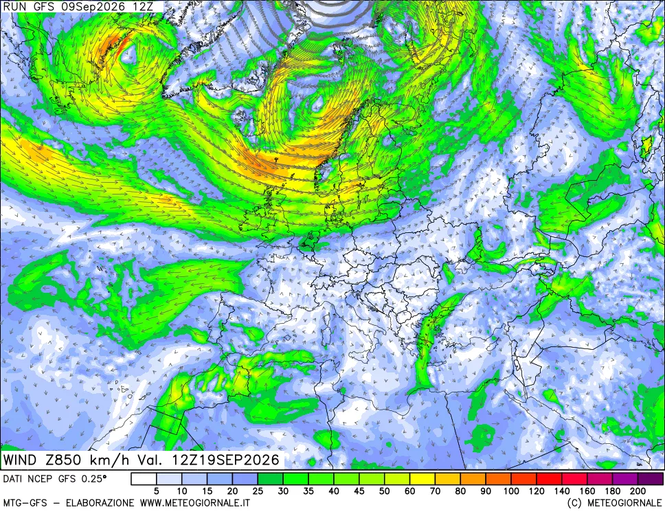 mappa 850 hPa Vento forza e direzione