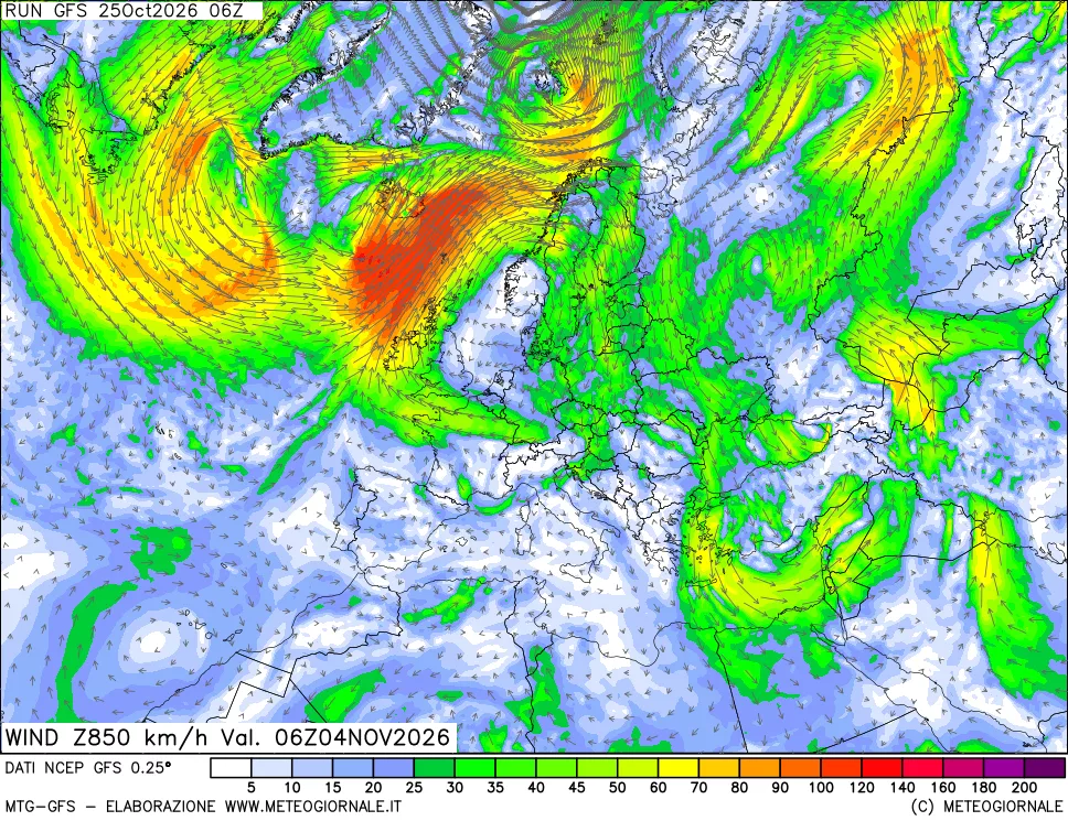 mappa 850 hPa Vento forza e direzione