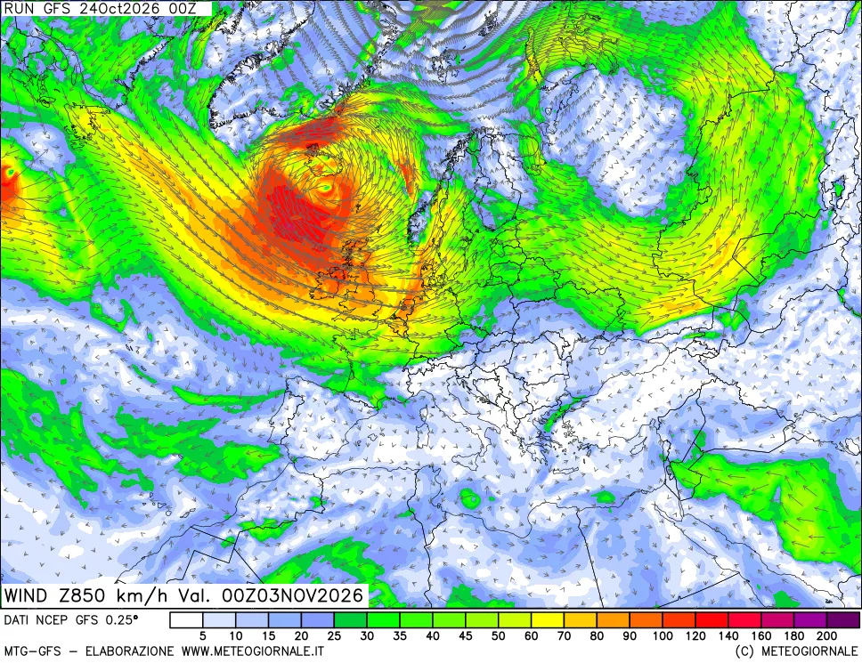 mappa 850 hPa Vento forza e direzione
