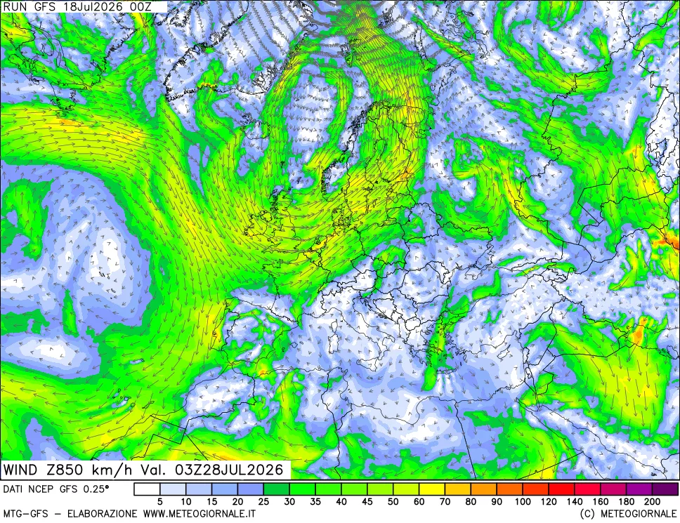 mappa 850 hPa Vento forza e direzione