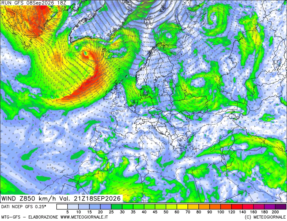 mappa 850 hPa Vento forza e direzione