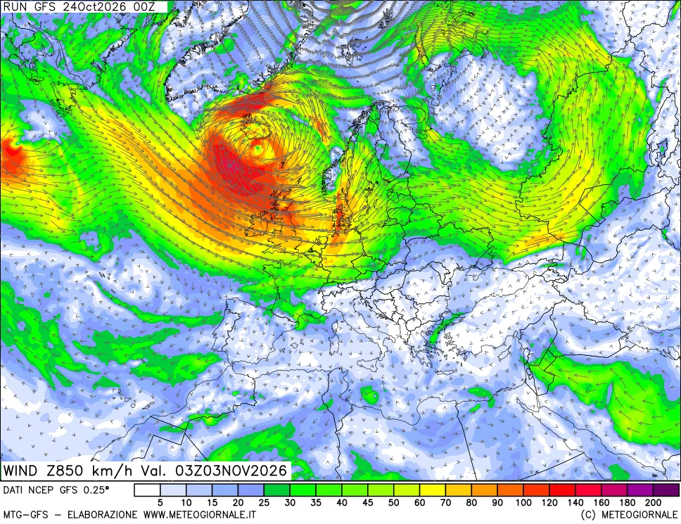 mappa 850 hPa Vento forza e direzione