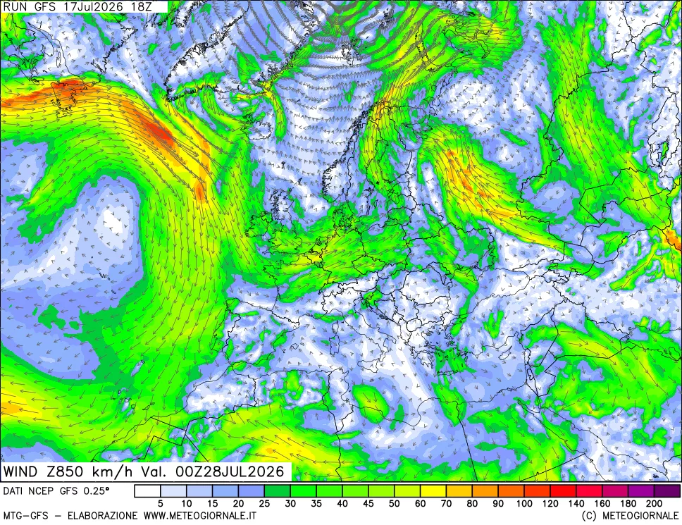 mappa 850 hPa Vento forza e direzione
